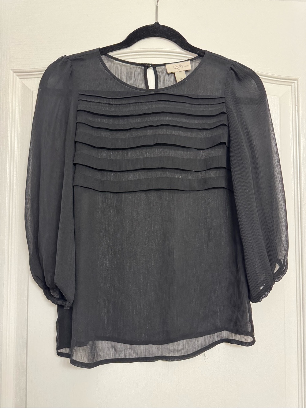 LOFT Black Sheer Pintuck Blouse with Puff Sleeves